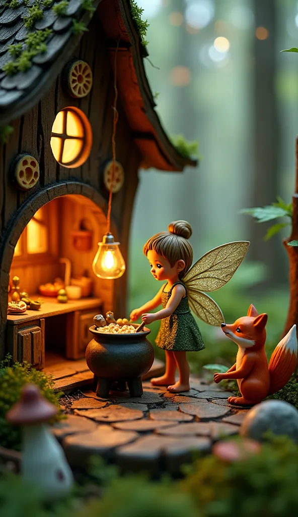 Inside a whimsical fairy house nestled in an enchanted forest, a cute fairy and a tiny fox are happily cooking together in a magical kitchen. The fairy, with delicate shimmering wings and a sparkling dress, stirs a bubbling cauldron while the little fox, w...