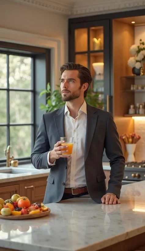 A successful young man eating a fruit and drinking water in a luxurious 4K cinematic kitchen