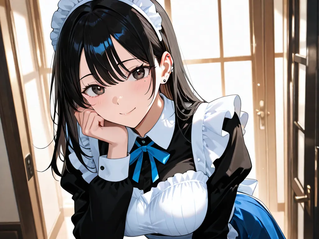 Beautiful Girl　Big Breasts　Short hair　Maid　 cold eyes　black hair inner blue　Mole　Glasses