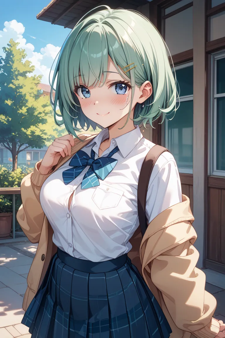 masterpiece、high quality、tilts head:1.5、she reaches out to hold hands、 from behind、green short straight hair、sunset、reach out to the viewer、hairclip、blue eyes、tareme、embarrassed、smile、blush、close right eye、mole under eye、school uniform、skirt、medium breasts...