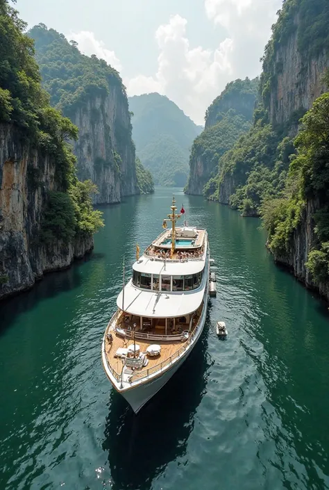 Generate an image of a cruise ship for 200 people, In the Usumacinta River 