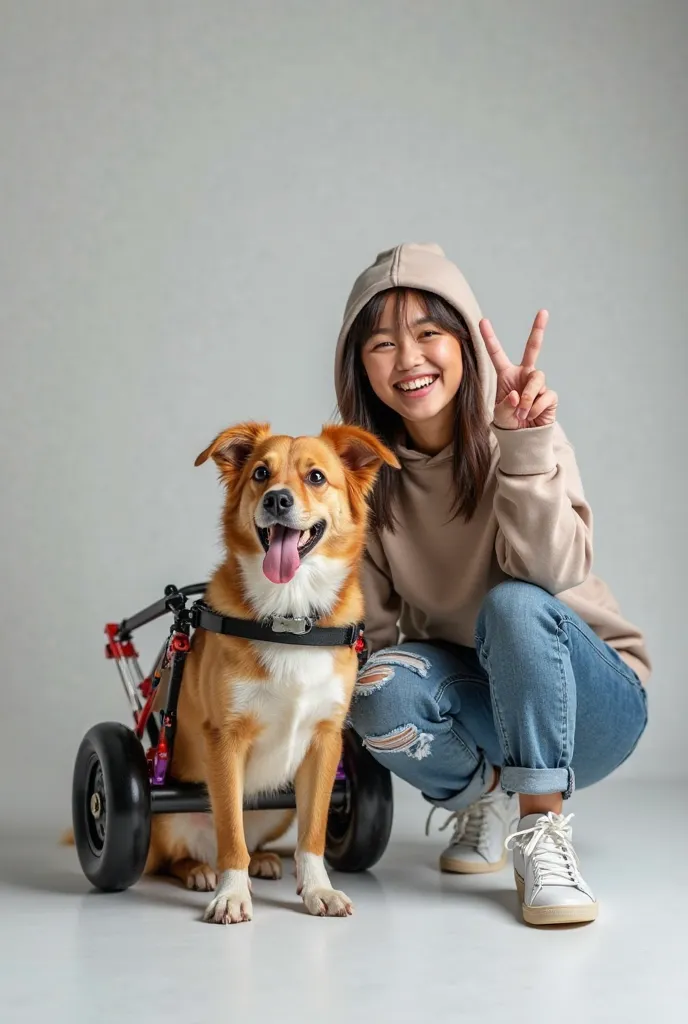 Ultra-realistic studio portrait of a playful medium-sized dog with a custom wheelchair and a young adult owner, posing together for a fun photoshoot. The dog has a goofy, happy expression, tongue out, ears perked up, and bright eyes full of energy. Its bac...