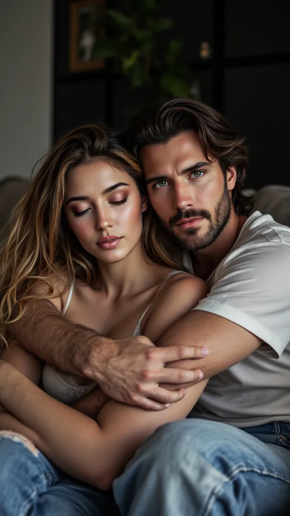 (8k, best quality, masterpiece:1,2), (realistic, photo-realistic:1,37), top quality, masterpiece, a couple, the man is hugging the woman from behind. They are cuddling on the couch. She has long wavy hair. He has light facial hair. They are dressed casuall...