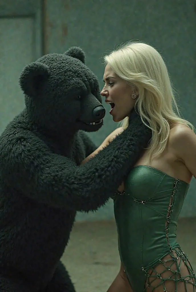 Ultra realistic cinematic photo. Hot muscled platinum blonde in sexy low-cut green latex bodysuit and green high who fighting and getting defeated when she screaming in pain agaisnt a black robot teddy bear in a middle of an dark fight scene. The black rob...