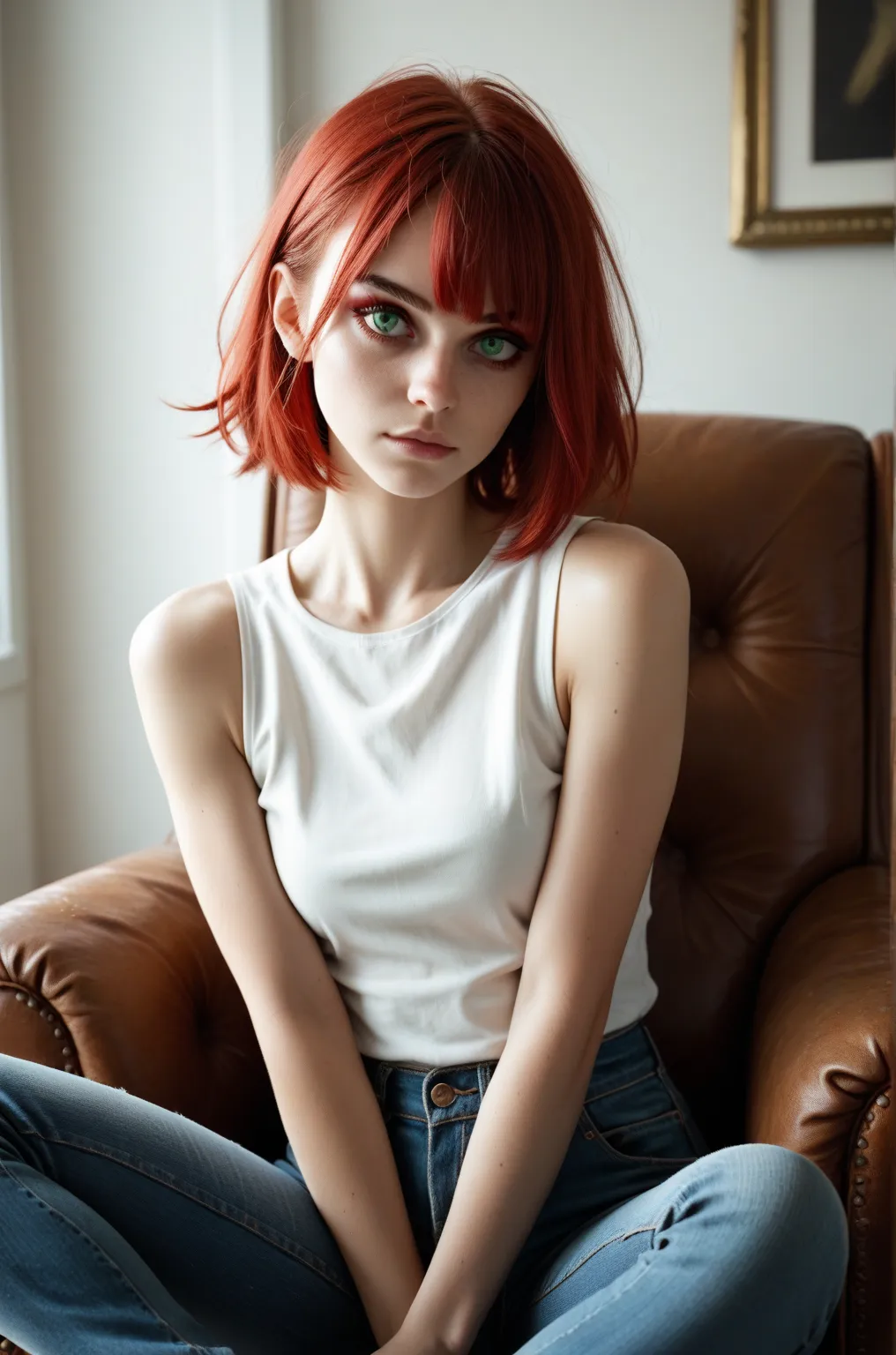 red-haired girl messy short hair, fringe, Eyes loaded with eyeliner,  green eye color, Small bust, thin, wearing a sleeveless white blouse, shortes jeans, Debauched Explosion,  Sitting in a leather armchair 