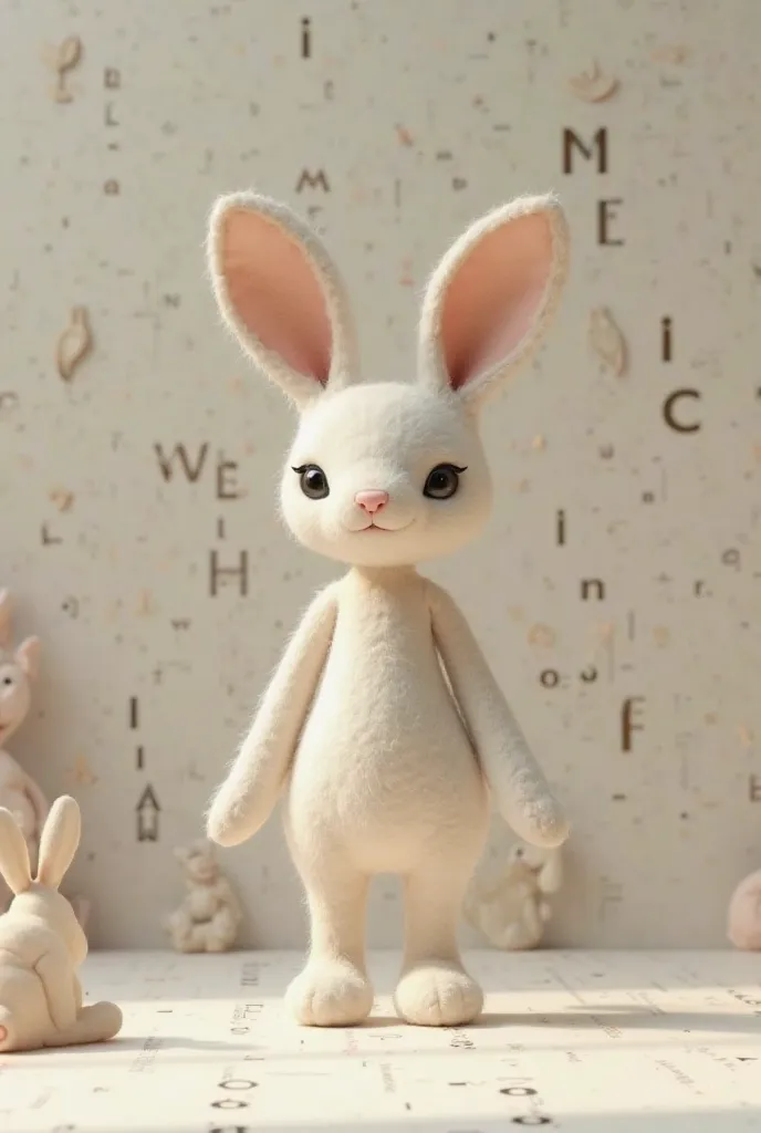 A stuffed rabbit, rosa, thin, standing in front of me, With black eyes and letters on the walls