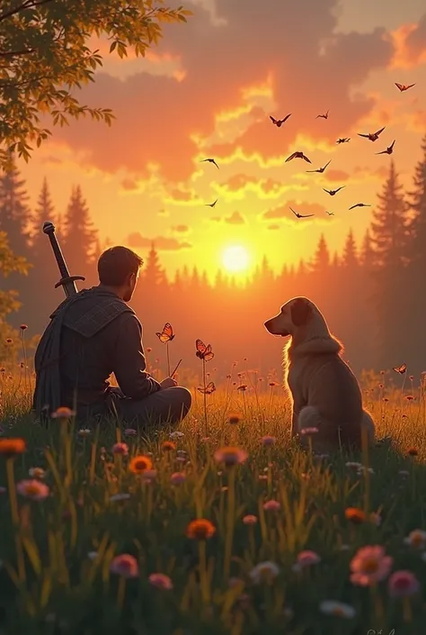 Generate a photo of meadow where sun is setting and a a warrior sitting on the Field of grass putting 2 hands on grass Sword is beside him and looking at the sun set and a dog is also sitting beside him looking at the sun and sun is setting beyond a Forest...