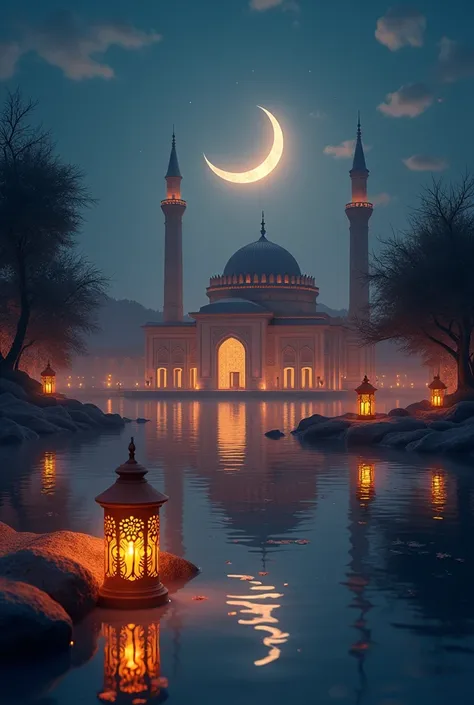 A beautiful Ramadan night with a crescent moon, glowing lanterns, and an Islamic mosque in the background, soft warm lights, peaceful ambiance."
