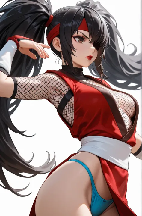 1 ,     Alone,     masterpiece,     dancing ,    ultra realistic, silky hair,    black hair,  fringe over the left eye,  big hair, combed with two ponytails,b Kunoichi,  brown eyes, Serious medium, red open clothing ninja v-neck, white waist band, red lips...