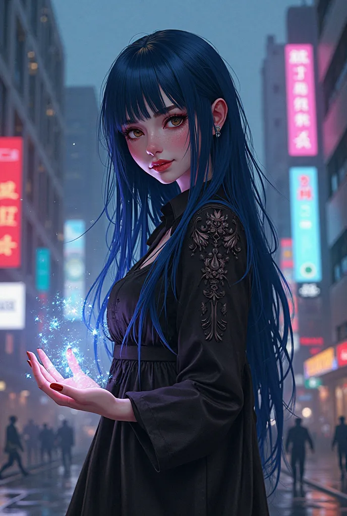 Girl with dark blue hair, and a dark witch style. She has light brown eyes, white skin. She seems to be friendly. GTA style