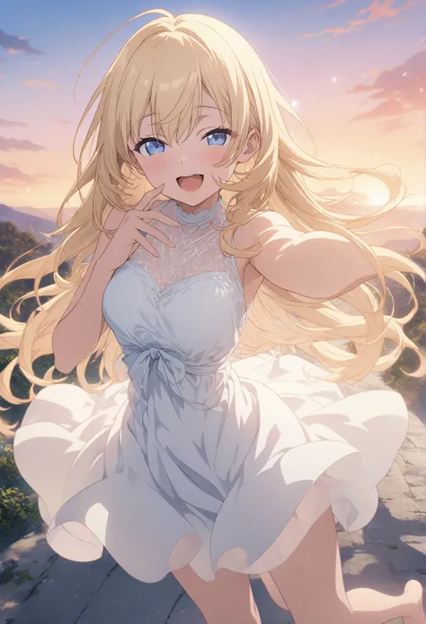 masterpiece, Highest quality, Highly Detailed CG Unity 8k Wallpaper, 20 year old girl anime illustration. Attractive Poses、Close your eyes、opening your mouth, smile.  The background is a pastel colored landscape,  Blonde Color ,long hair、hair fluttering in...