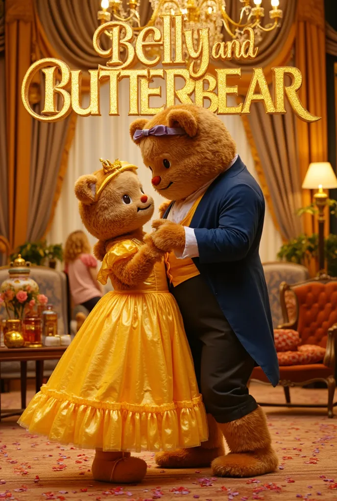 A fairytale movie poster titled “Belly and ButterBear”. Butterbear, a chubby Belle-like princess, is a fluffy brown bear with blonde hair, twirling in a billowing golden gown while dancing with the Beast prince under glowing chandeliers. Rose petals swirl,...