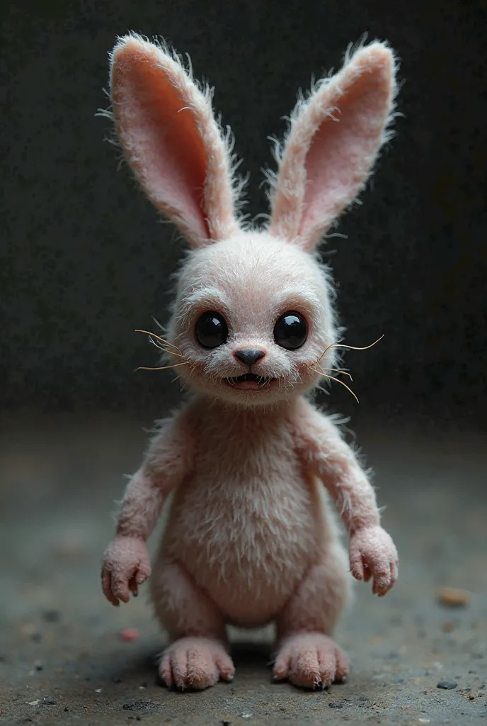 A scary stuffed rabbit, pink, thin, with black eyes, standing in front of me