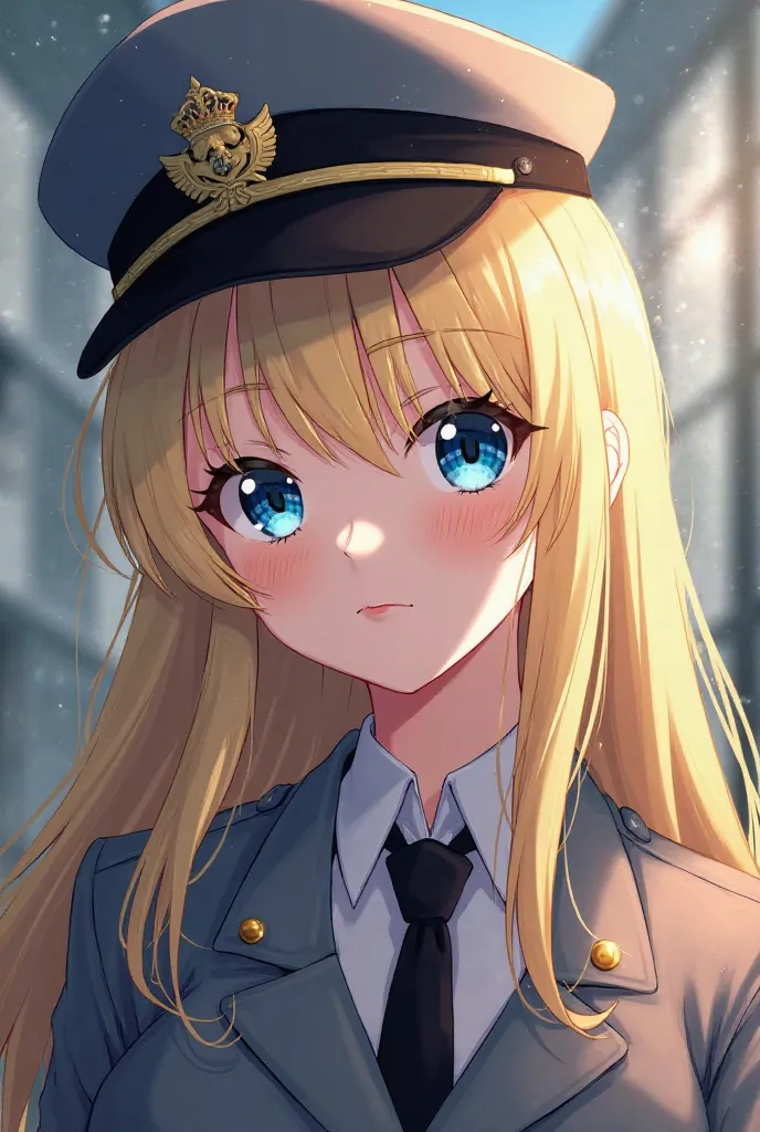 screenshot of my hero Academia,  Straight haired girl , long and blonde,  sky blue eyes , uniform with a gray Russian hat on her head, She has a white complexion and wears a UA