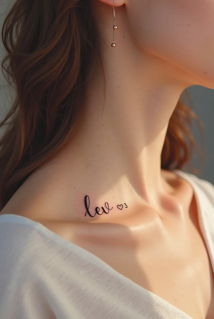 A tattoo on the collarbone or under the ear in the neck,  to say"Lev  <3" in a Foreign Language, can be in Russian, German, Chino, or even Spanish