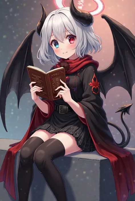 An anime Female with shoulder length white hair, Left Eye Blue and Right Eye Red, with C cup sized boobs, and a Black and Red Cloak and a black and red skirt slightly above the knees, black thigh high socks, black and red boots, with a Red Lily flower embl...