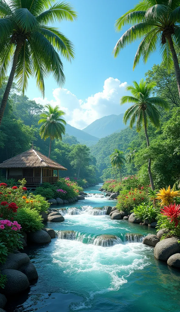 green lawn garden,colorful flower plants,river rocks,torrential river water, The sky was blue ,hut,coconut tree,4k image , clean image ,indonesia,realistic