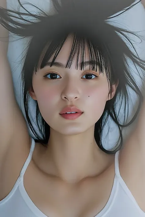 Lies Behind the Bed非常に美しい少女、 out of breath , Deeply closed eyes, (with your mouth wide open and scream:0.8), Lies Behind the Bed,   For the whole body,    nudes,    bare chest, medium chest, Thoroughな授乳ヘッド,  Thorough, alone, long black hair,    seductive e...