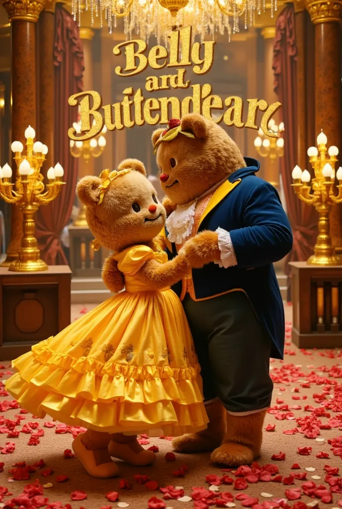 A fairytale movie poster titled “Belly and ButterBear”. Butterbear, a chubby Belle-like princess, is a fluffy brown bear with blonde hair, twirling in a billowing golden gown while dancing with the Beast prince under glowing chandeliers. Rose petals swirl,...