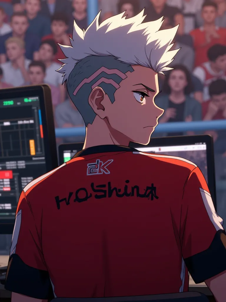 An ultra-realistic male anime character with short, white hair, sitting in front of a computer looking to the side, Serious face on your face, the red shirt with black and white details, on the back of the jersey written, 2K H0Shina, With red and white col...