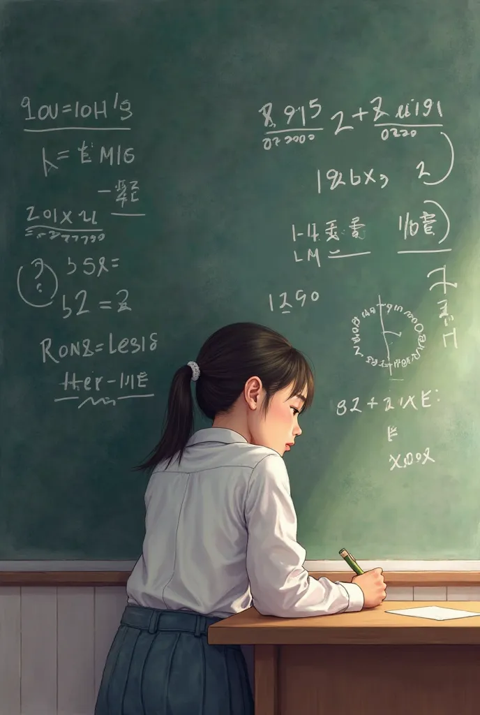 Tạo ảnh theo phont truyện manhwa : Ye Tianxin's Academic Revelation: Ye Tianxin leans against the wall of classroom, calculating and realizing the meaning of numbers written on a chalkboard with determined focus, highlighting her new found academic ambitio...