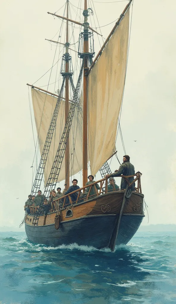 Style:watercolor and fade. a man going with ship with his friends for relaxtion no oen is outside the ship, no women or female