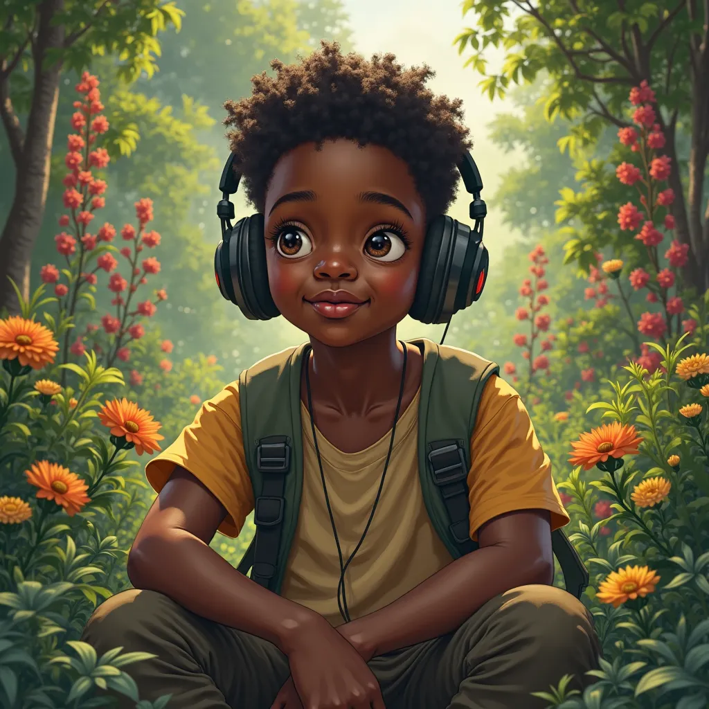 Black young boy () with headphones sitting in a garden, listening to music 