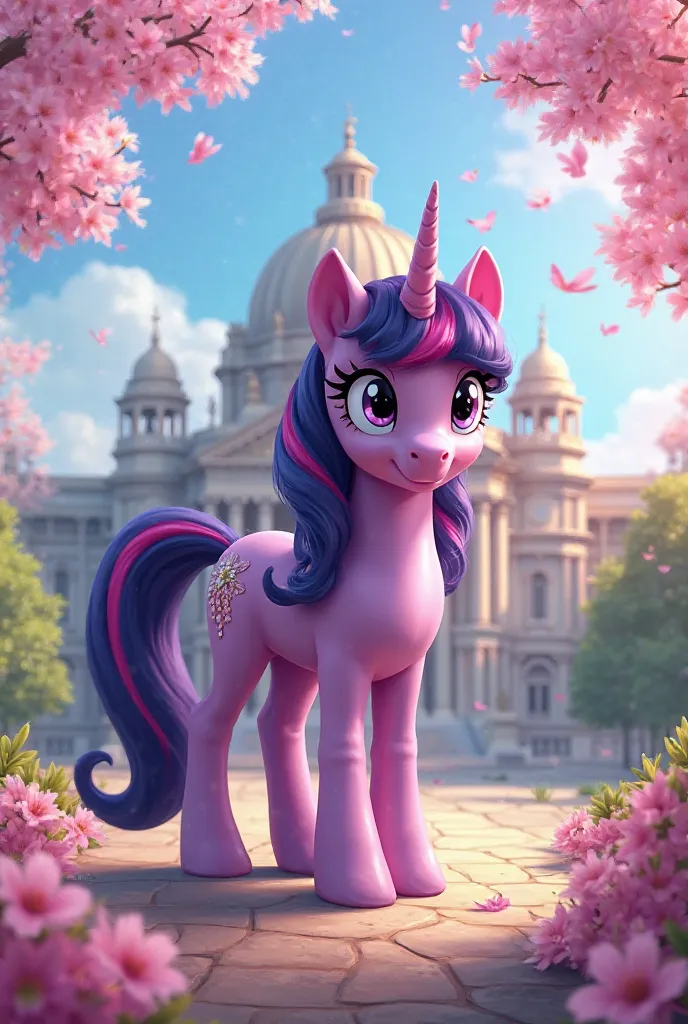 The Pony Twilight Sparkle in front of the Palace of Fine Arts in Mexico on a beautiful spring day 