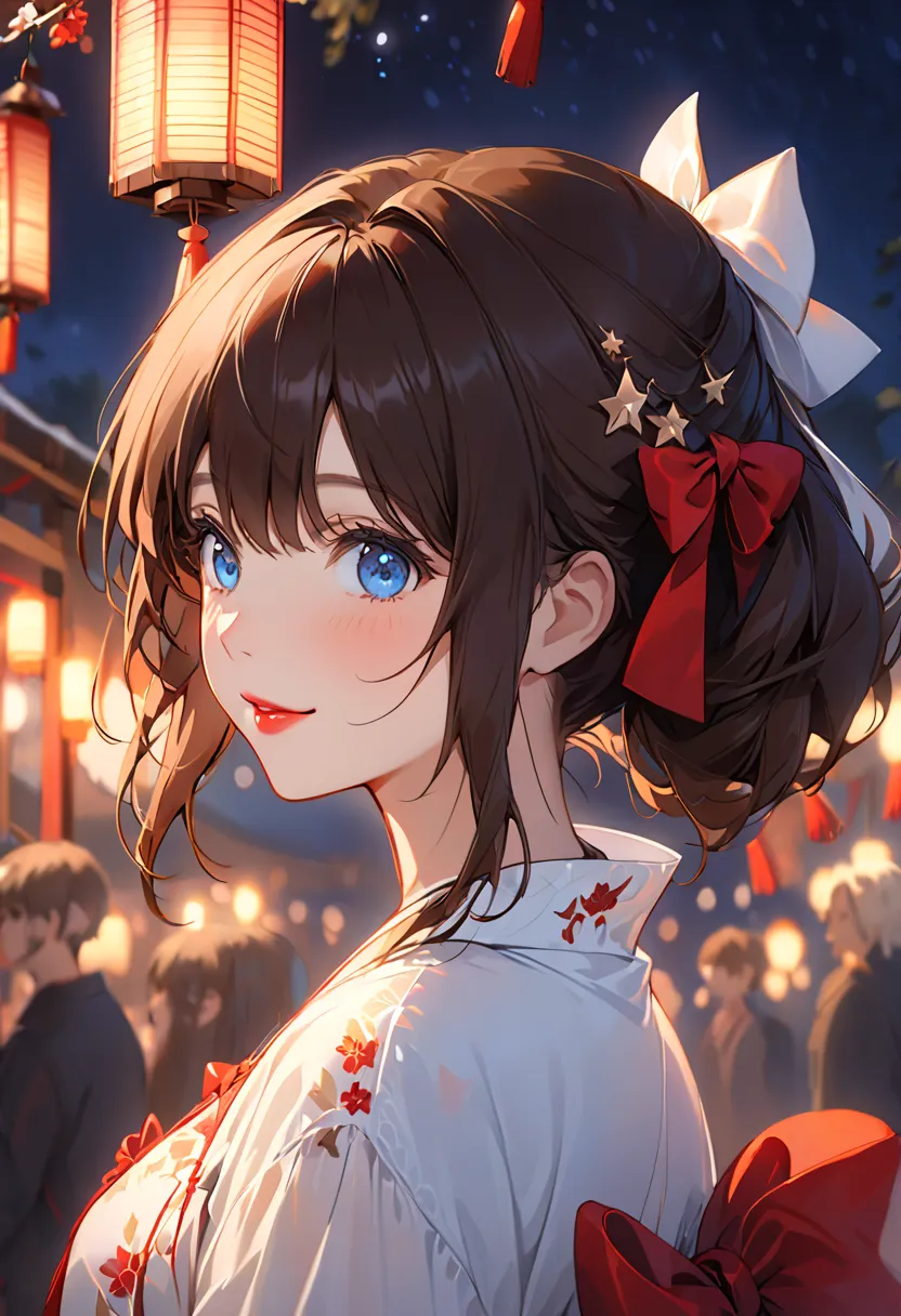 (very delicate and beautiful: 1.2), 1 girl, bangs, Blue Eyes, Blur, Blur background, bow, brown hair, shut up, side view, hair between eyes, hair bow, lantern, light particles,  Long Sleeve,  Watch the Audience ,  medium hair,  night , red bow, Alone, star...