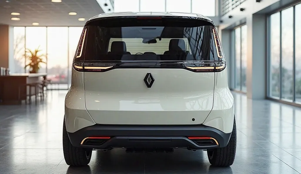 "Create a hyper-realistic image of a futuristic 2025 (Renault Triber van – 7 Seater)car viewed from the back. The (MPV) has a sharp, aggressive back grille with intricate details, slim LED  headlights, and aerodynamic contours on the hood. The car body is ...