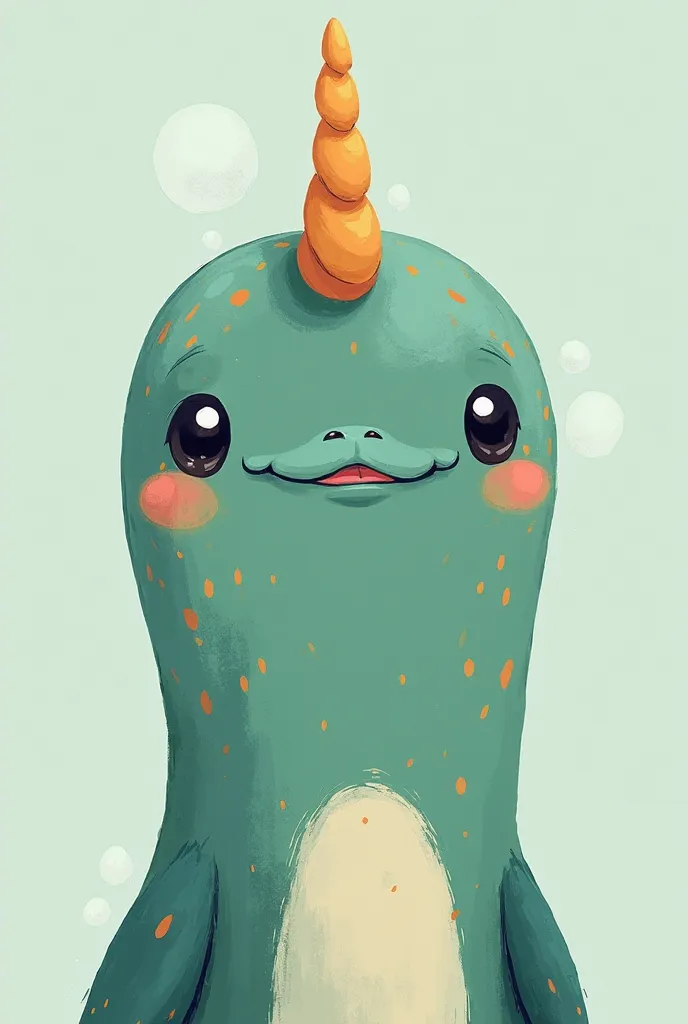 A close up cartoon forest green coloured narwhal with brown spots all over its body and face