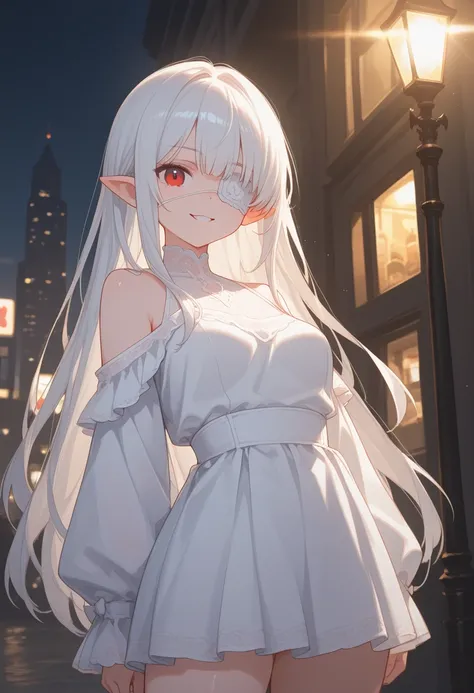 1 girl, (Alone ),   white-haired with long white hair and red eyes,  Girl with white hair , girl in white  high neck , ((eyepatch)), pointy ears, ((vampire)), ironic smile, presumed, mouth shut, cowboy shot,  girl with perfect white hair , white-haired dei...