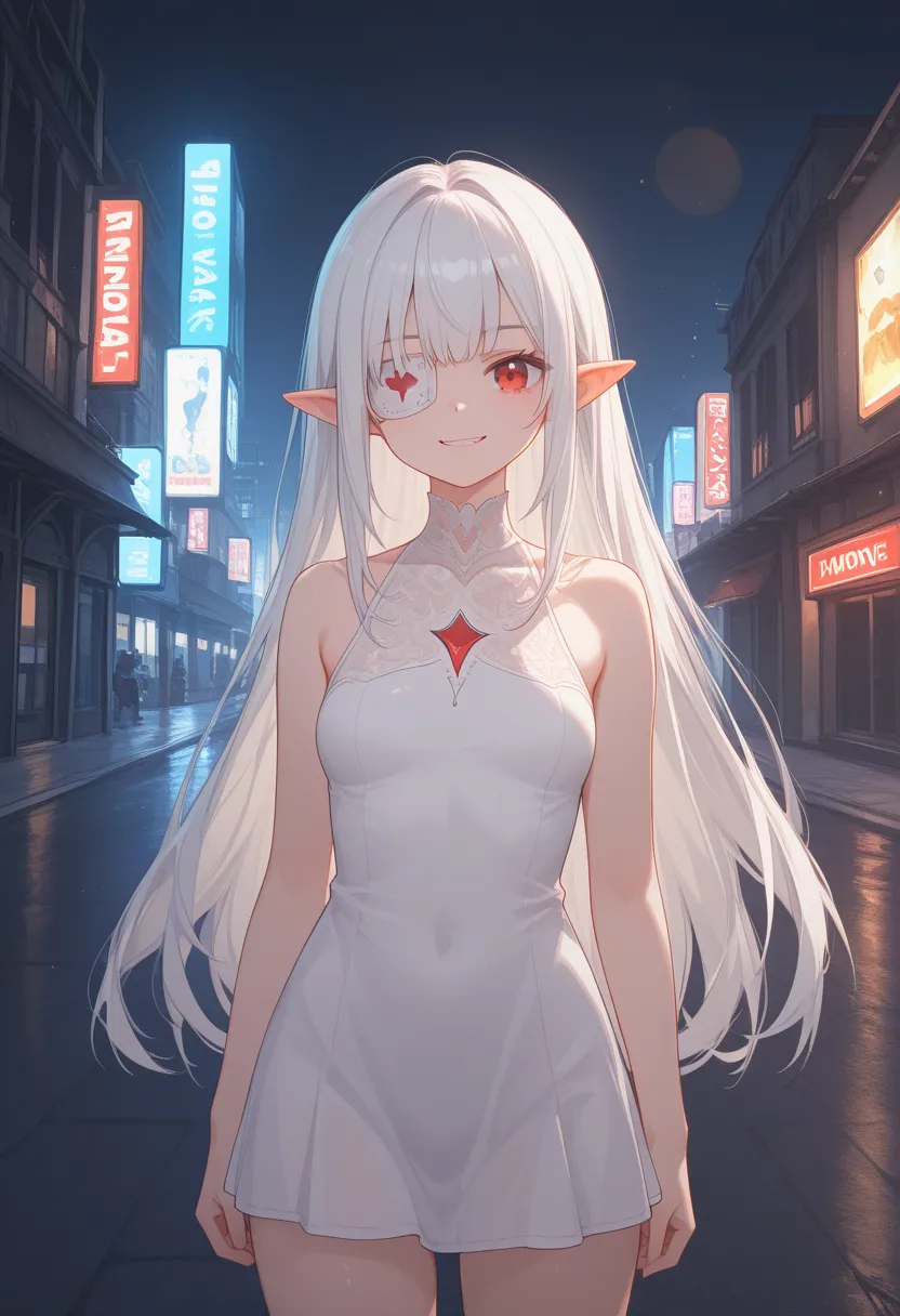 1 girl, (Alone ),   white-haired with long white hair and red eyes,  Girl with white hair , girl in white  high neck , ((eyepatch)), pointy ears, ((vampire)), ironic smile, presumed, mouth shut, cowboy shot,  girl with perfect white hair , white-haired dei...