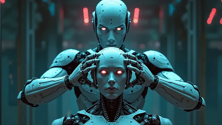 A futuristic humanoid robot standing behind another robot, its metallic hands gripping the sides of the second robot’s head, symbolizing control and manipulation. The controlled robot’s eyes glow dimly, as if under a trance, while the dominant robot’s expr...