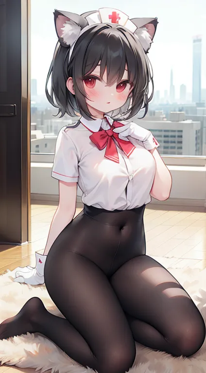  wearing beautiful clothes （the maid outfit），maid nurse ，，， This cat is cute ，Cat ears，coda， wearing a ball-shaped headdress，Hair，（Gloves）， lace pantyhose ，动态posture，Photograph，posture，Sit posture，floor，indoors，City，full body photo， up close，Kneeling，white...