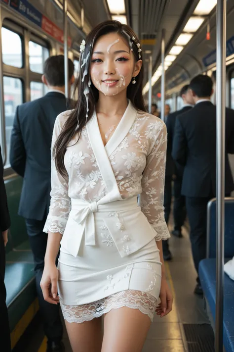 petite, dark elf woman, Hyperdetailed realistic airbrush painting of (most beautiful sexy (Japanese:1.6) woman walking in crowded subway:1.3), (cum on face, cum on clothes, cum on hair), wearing business attire, long_brown_hair, lace_thigh_strap, trending ...