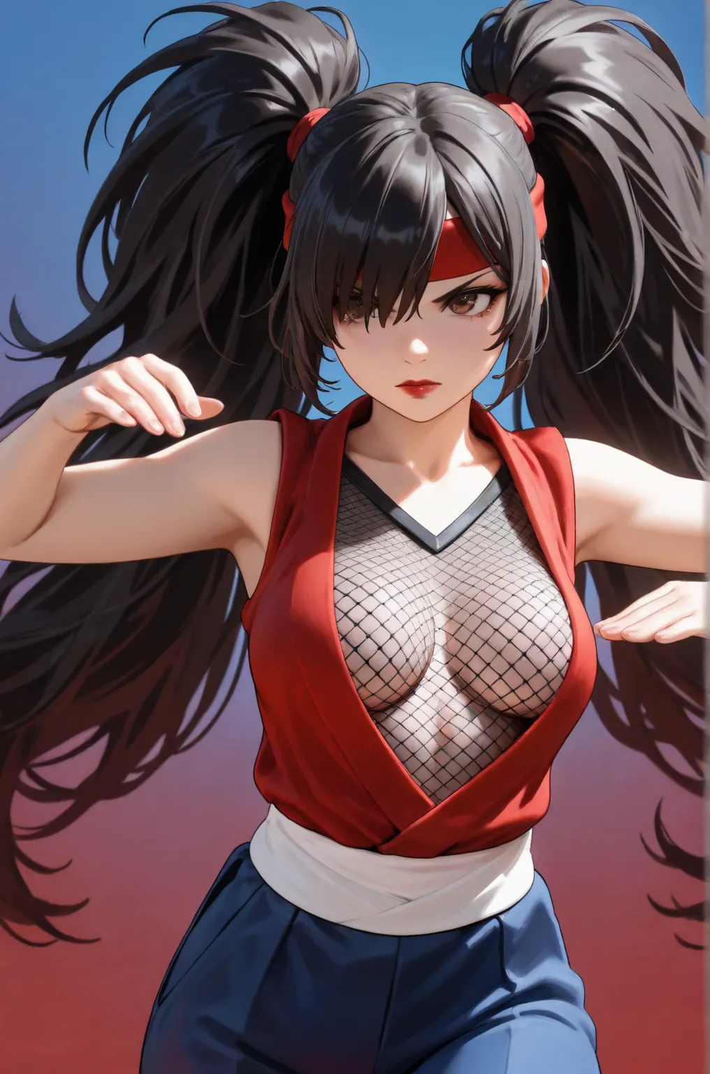 1 ,     Alone,     masterpiece,     dancing ,    ultra realistic, silky hair,    black hair,  fringe over the left eye,  big hair, combed with two ponytails,b Kunoichi,  brown eyes, Serious medium, red open clothing ninja v-neck, white waist band, red lips...