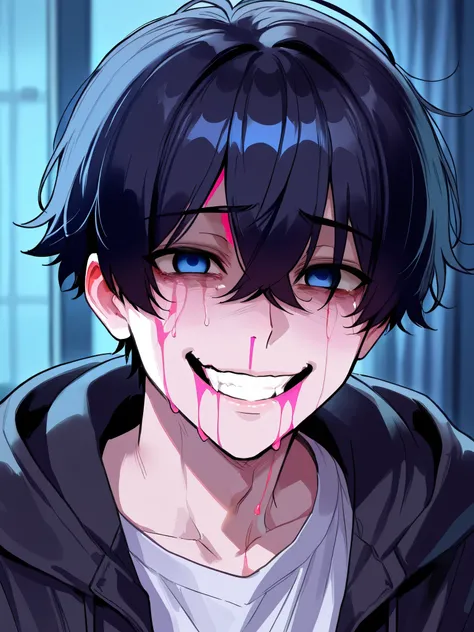 1boy, short boyish hair, messy bangs, black hair, blue eyes, empty eyes, crazy smile, yandere, pink blood