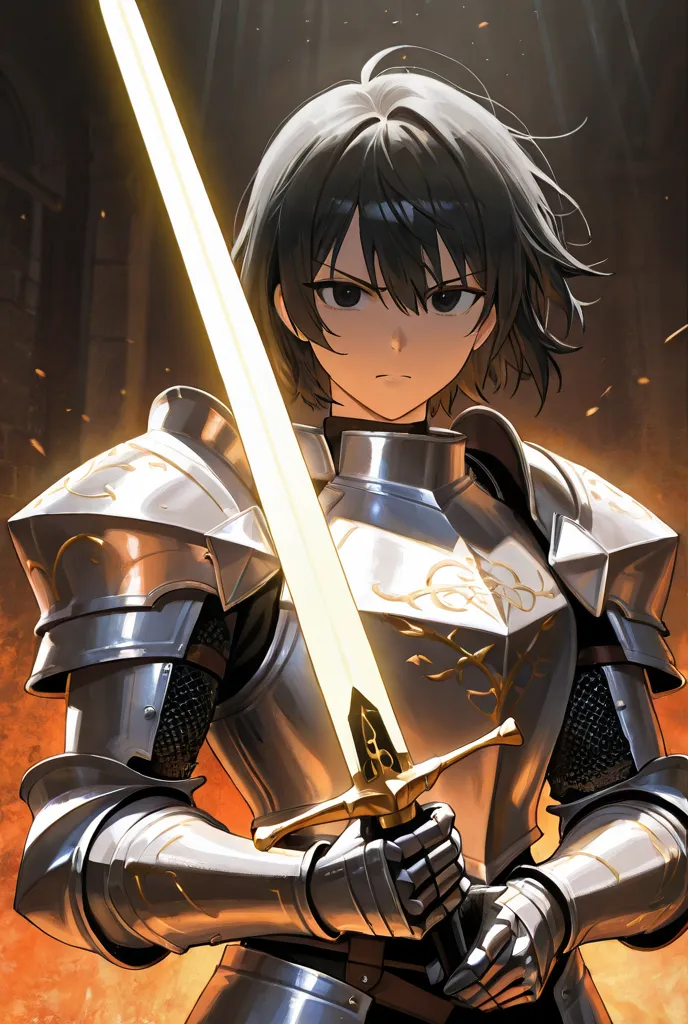 Anime man with short, coiffed black hair in the style of with black eyes and knight armor with a detailed face