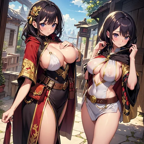 High quality, super detailed, best quality, highly detailed, beautiful, masterpiece, group of girls, harem, cleavage, outfit with slits, adventurer, fantasy, perfect anatomy, detailed outfit, detailed decoration, pouch, robe, cloak, belt, big boobs, side b...