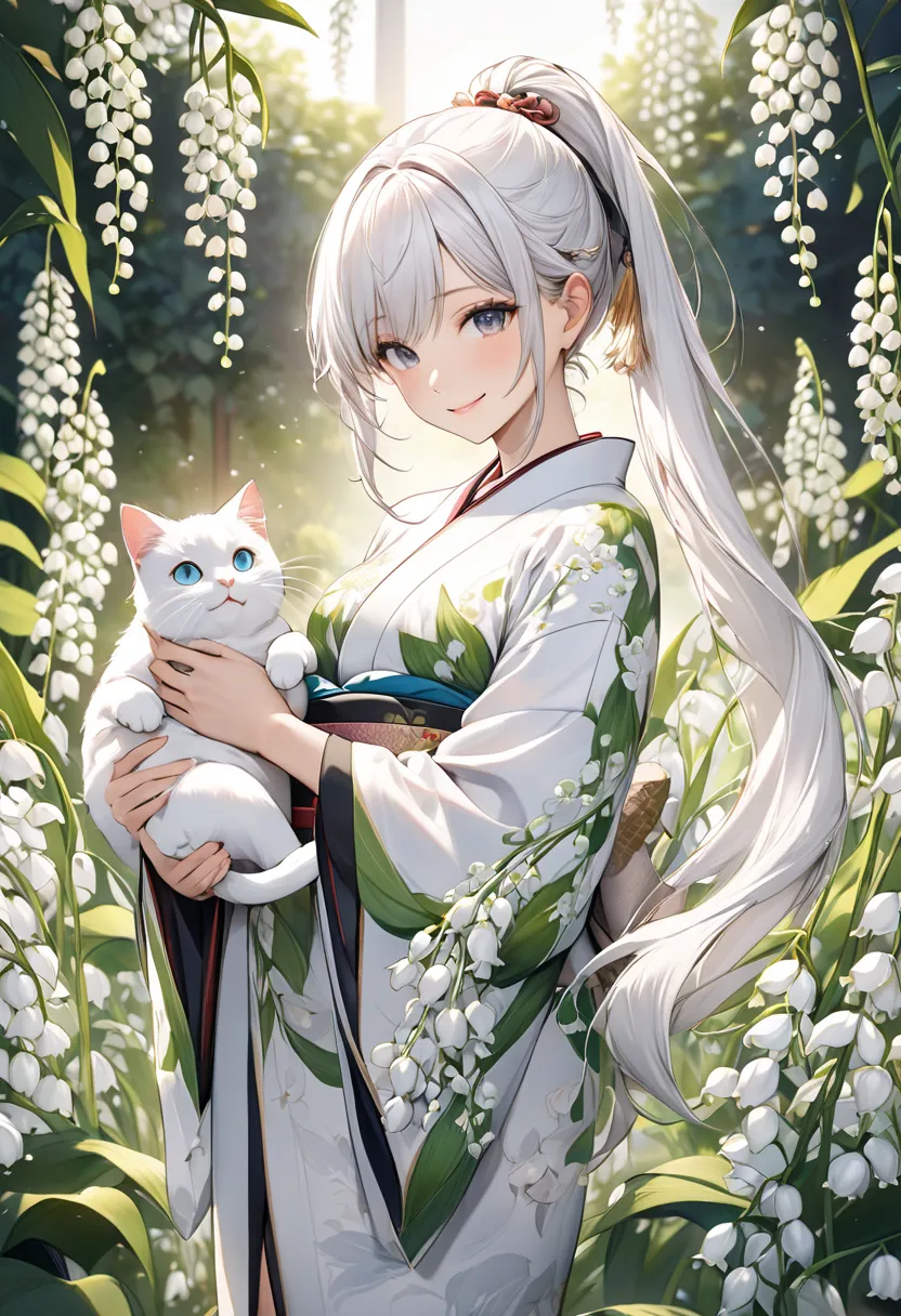 masterpiece、最high quality、high quality、illustrations、high detail、 latest、Hi-Res、4K、Girl holding a white cat、giant lily of the valley pattern、smile、 Floral White Kimono 、standing、 white hair、 ponytail hair showing one-third of the body、