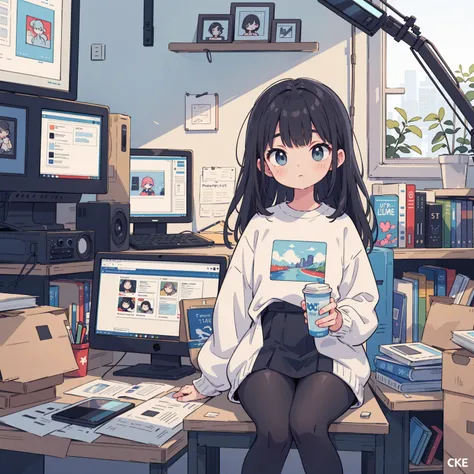 ((t-shirt)),((Masterpiece)),((computer)),( illustration),( detailed light ),(an extremely delicate and beautiful),((cut)) black hair, light blue eyes, sweater with sleeves, color grey, stockings, black tights, long hair, bangs, curvy,cute, streed