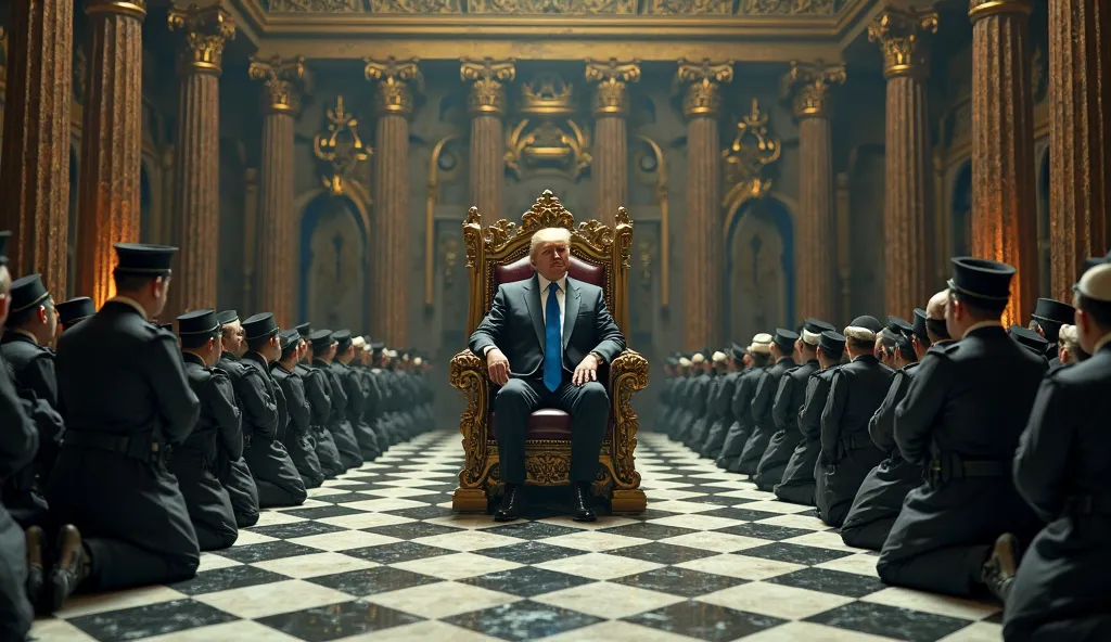 Room of a Jewish temple, with lots of gold, Solomon's Temple, with a checkered floor with polished black and white floors, Donald Trump is sitting on the throne in the center of the image, and many Jews in their Jewish clothes are worshiping him, kneeling,...