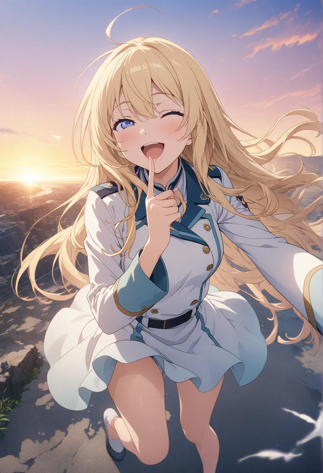 masterpiece, Highest quality, Highly Detailed CG Unity 8k Wallpaper, 20 year old girl anime illustration. Attractive Poses、Close your eyes、opening your mouth, smile.  The background is a pastel colored landscape,  Blonde Color ,long hair、hair fluttering in...