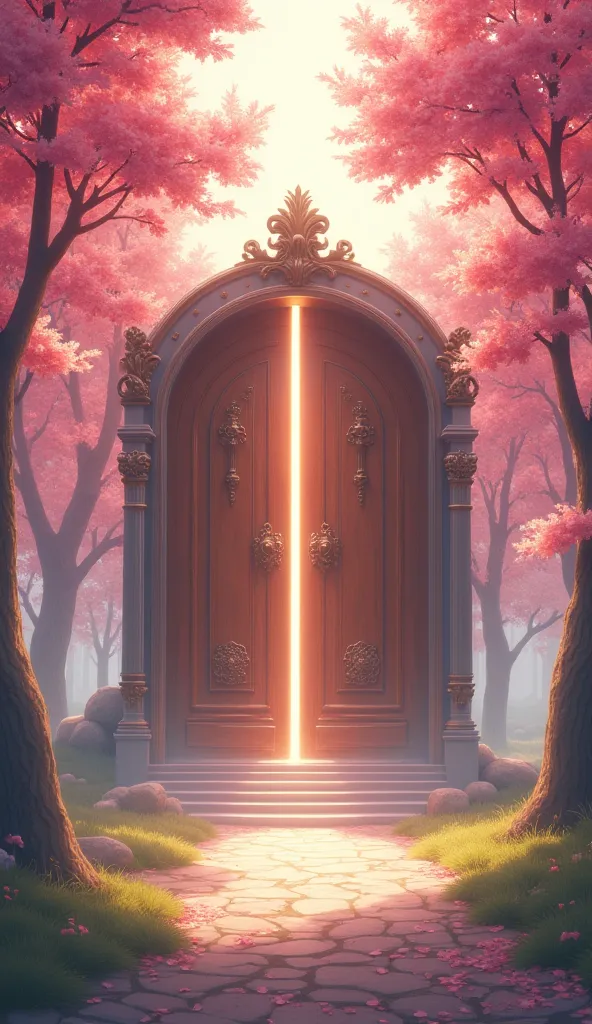 ((Highest quality、Greatest Masterpiece、Super Detail、official art、CG illustration、16k))、((Cherry trees in full bloom々の中にぽつんとある大きな扉、The shining door 、The back of the slightly open door is filled with light))、A large door lying alone in a bright and sacred at...