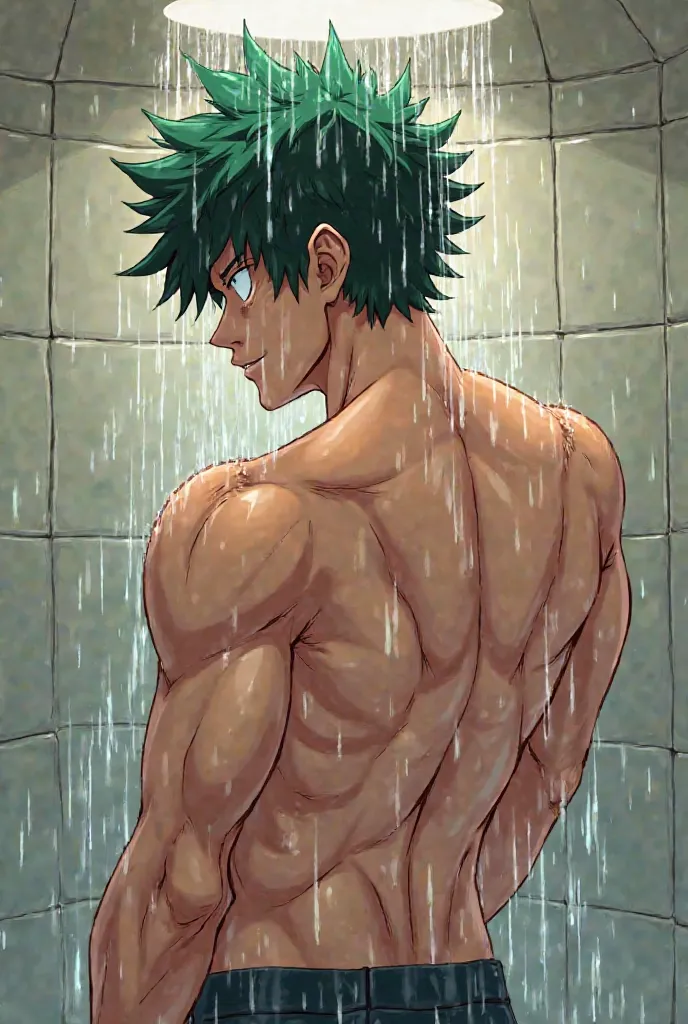 Deku Aka Izuku Midoriya from My Hero Academia, nu sous la douche en train de se laver, A Moitié de dos. en dessin dans le style de l'artiste Kohei Horikoshi