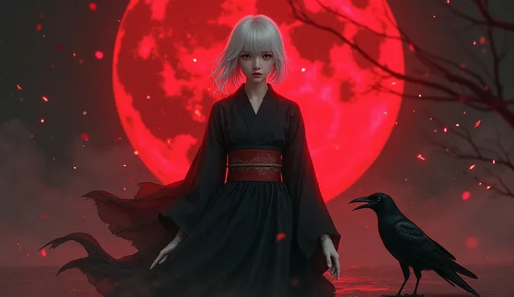 girl black kimono and gloves white hair blood moon crow