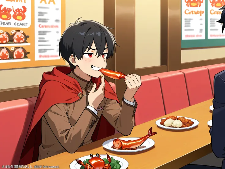 anime boy, black hair, red eyes, brown jacket, smug grin, long red cape, holding a boiled crab leg in one hand, plate of boiled crab, eating, sitting at a table, convention center eatery