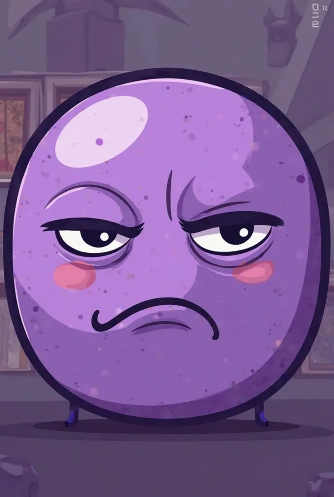 "A large purple emoji face with a smug, mischievous expression. The face has half-closed, slanted eyes with white sclera and black outlines, giving a scheming or amused look. The mouth is curved into a subtle, knowing smirk. The background is partially vis...