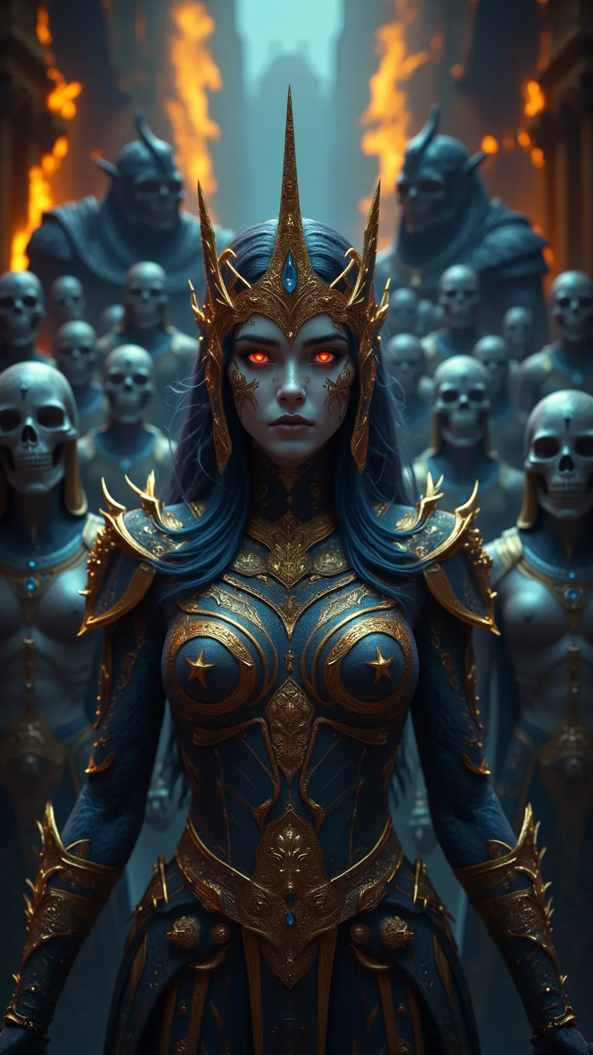 「She stands against the backdrop of an ancient Egyptian temple.、A mysterious and dignified female figure.。She wears a golden crown and decorative armor.、Red eyes shining sharply、Her face is engraved with intricate patterns.。Countless skeletal attendants st...